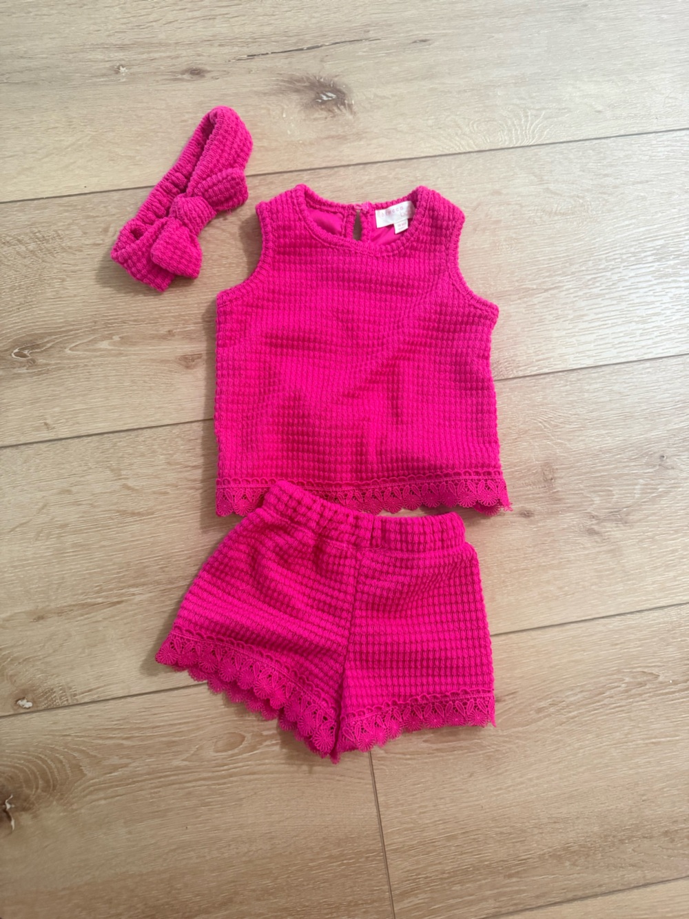 Girls Hot Pink Knit Tank, Shorts & Headband Set - Cute Matching Outfit